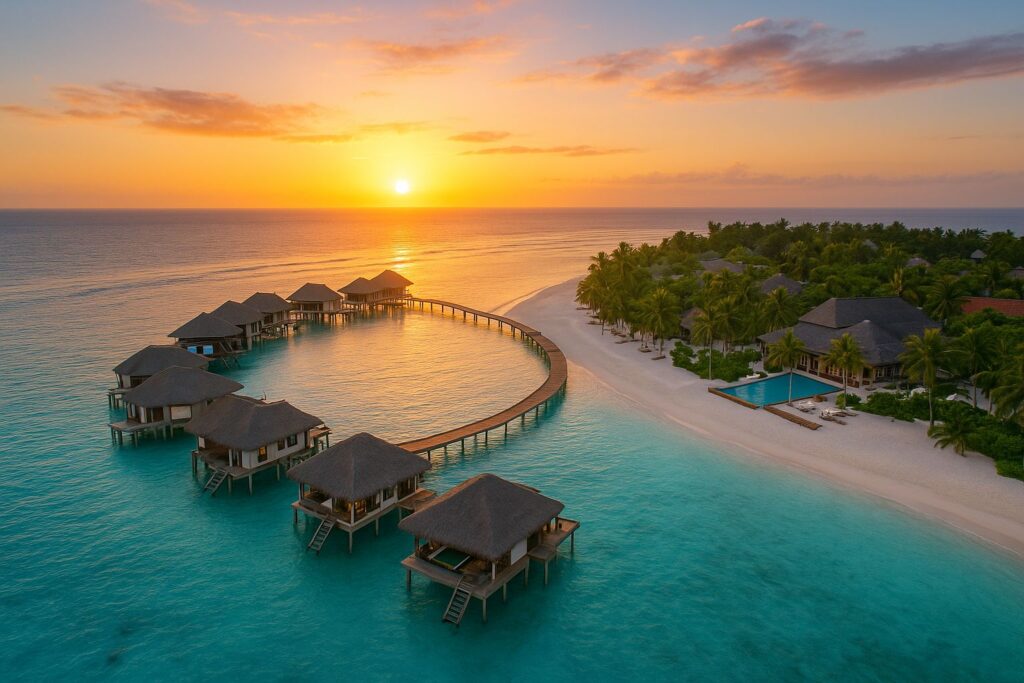 Luxury overwater villa surrounded by ocean during sunset, representing elegant global travel experiences from The Gold Stay
