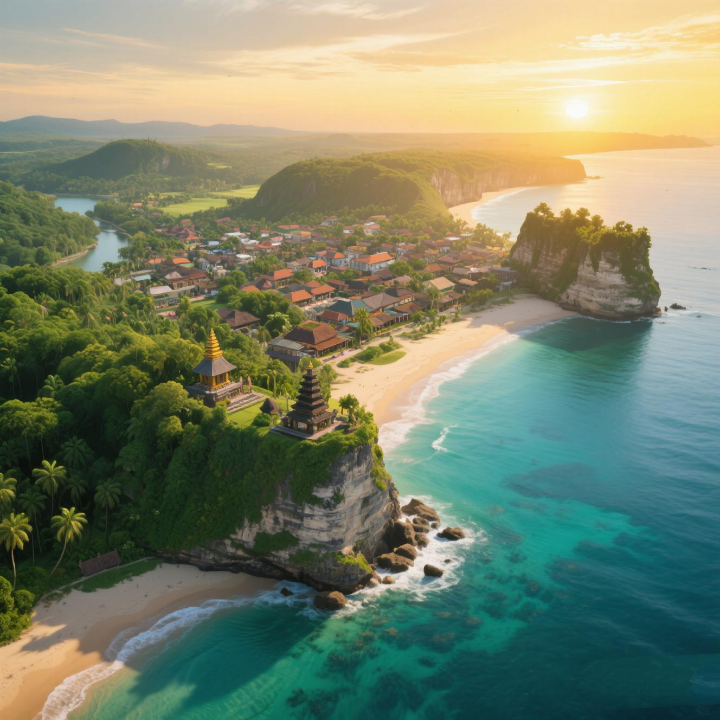 Beautiful view of uluwatu at sunrise or sunset, featuring a temple on the cliff, beach, and village in the distance