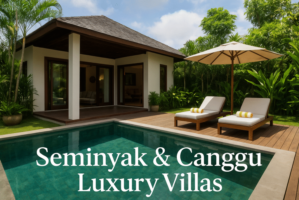 Luxury villa in Seminyak with private pool and stylish modern architecture at dusk