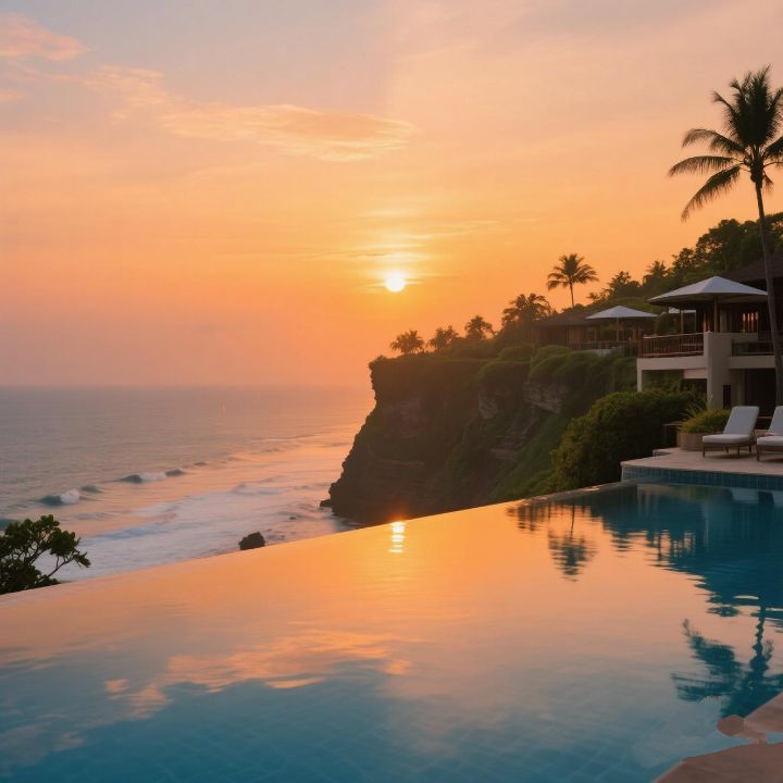 Sunset view from Ayana Resort Bali  infinity  pool  overlooking  the Indian ocean