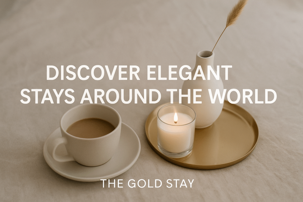 Minimalist luxury flatlay with coffee, candle and decor used  as The Gold Stay Homepage hero image