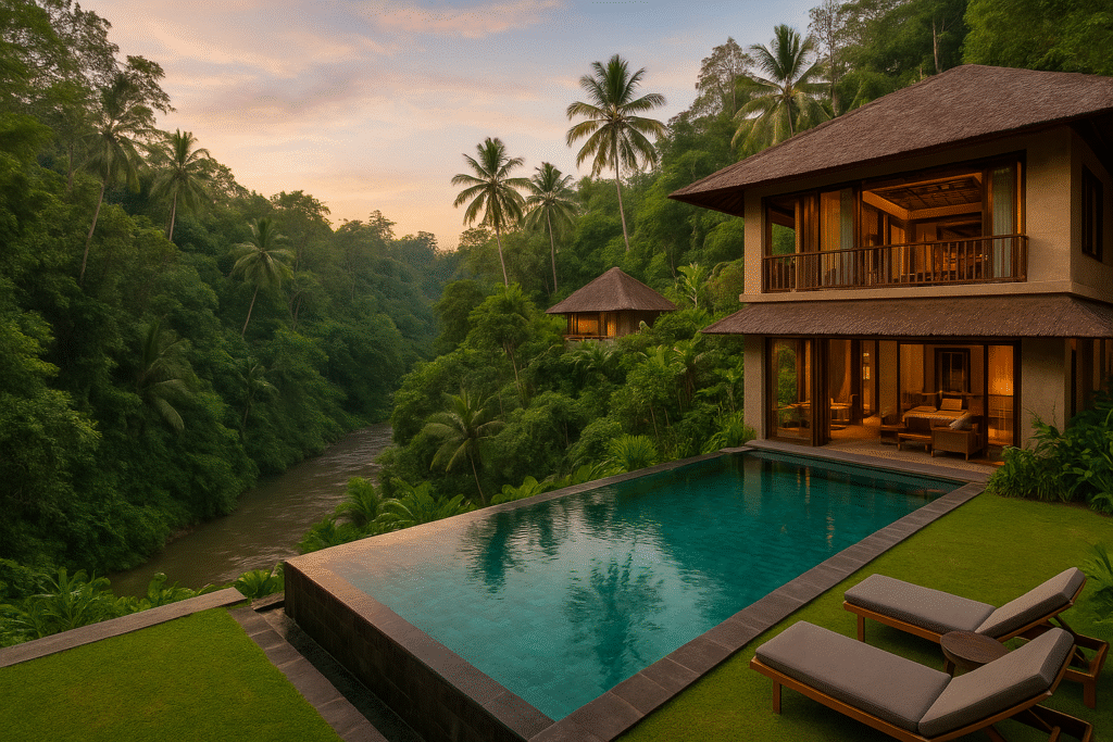 Luxury hotel in ubud with private pool overlooking jungle and river