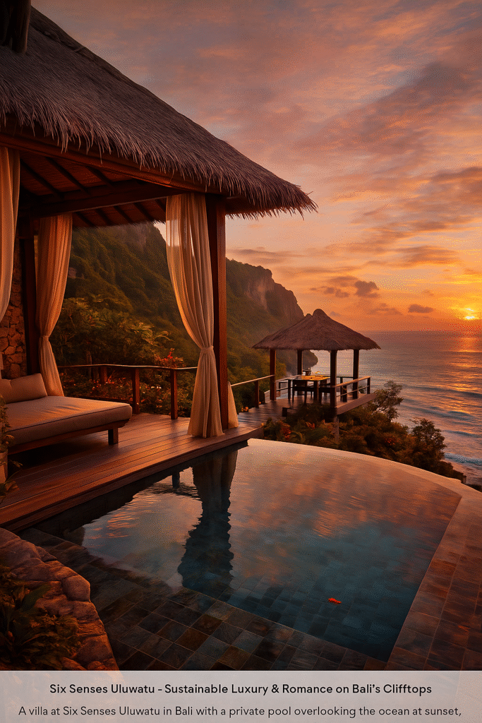 Six Senses Uluwatu resort on a cliff in Bali with infinity pool and ocean views at sunset