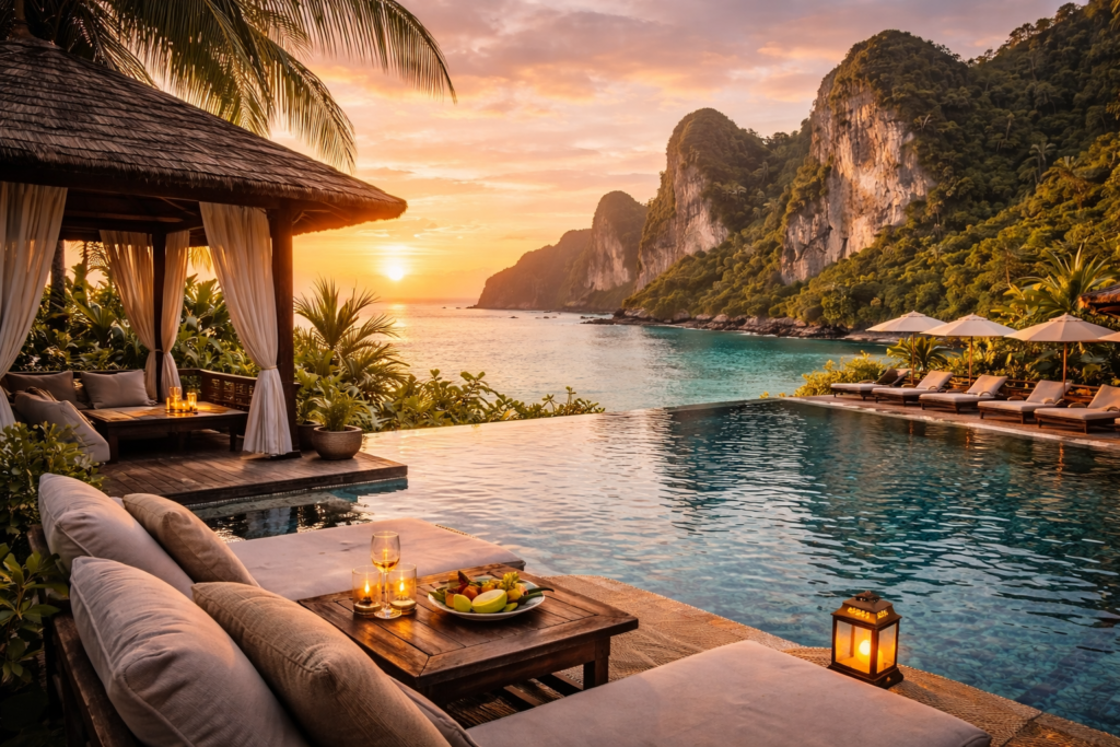 Luxury resort in Thailand with infinity pool overlooking the ocean and limestone cliffside at sunset