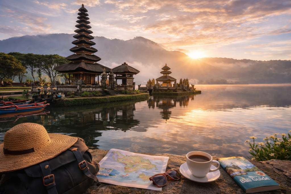 Bali travel guide featuring temples, rice terraces, beaches and natural landscape