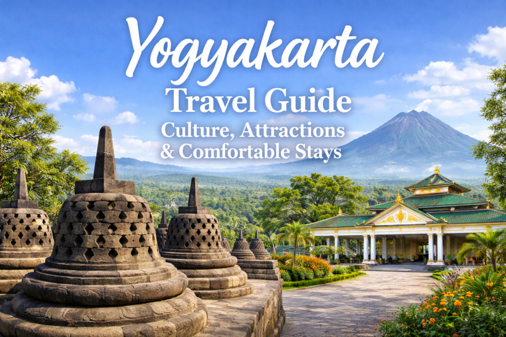 Yogyakarta travel guide featuring Borobudur temple, Sultan Palace, and Mount Merapi