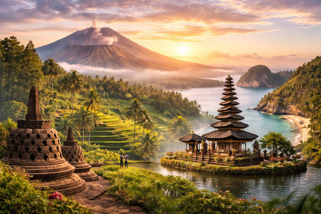 Indonesia travel guide showcasing tropical landscapes, cultural sites, and diverse destinations