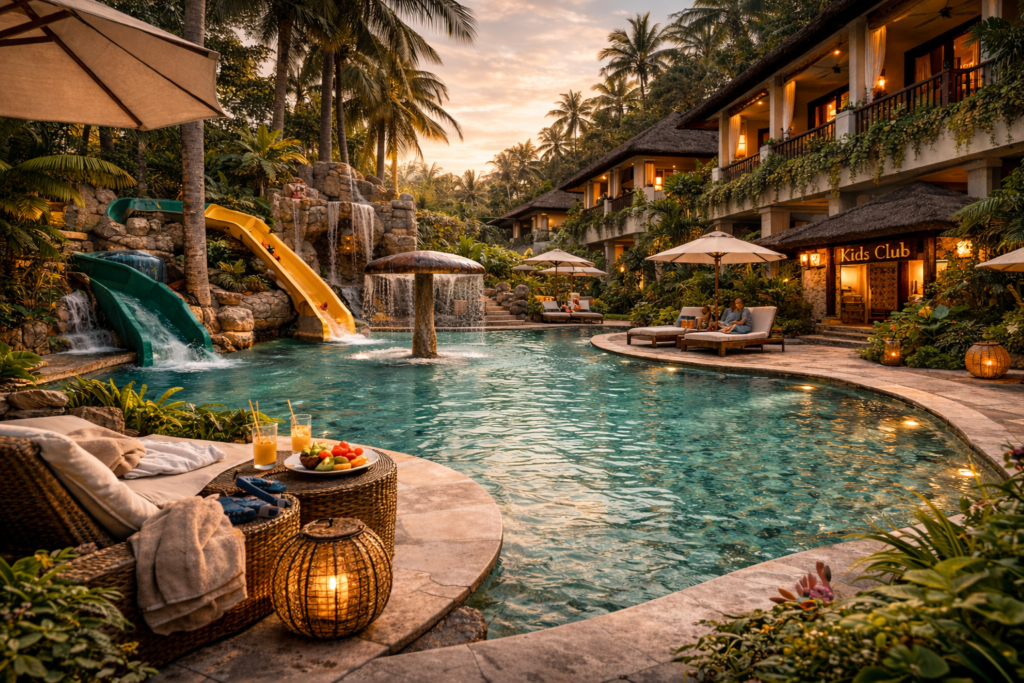 Luxury resort in Bali with tropical swimming and elegant architecture