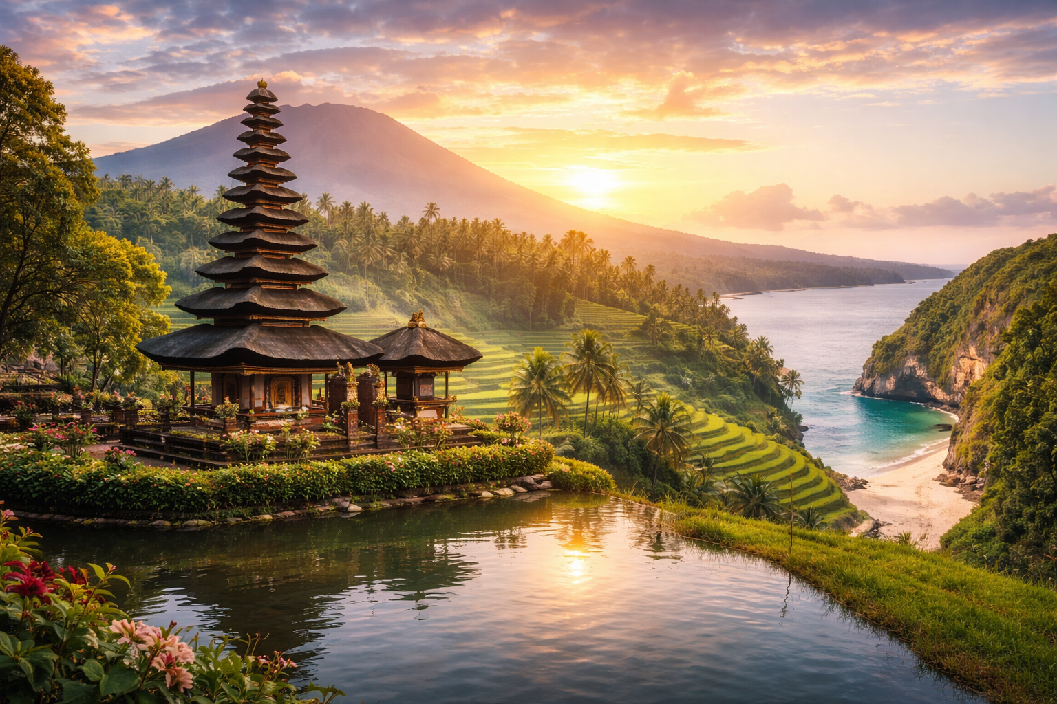 Bali travel guide featuring temples, rice terraces, beaches and natural landscape