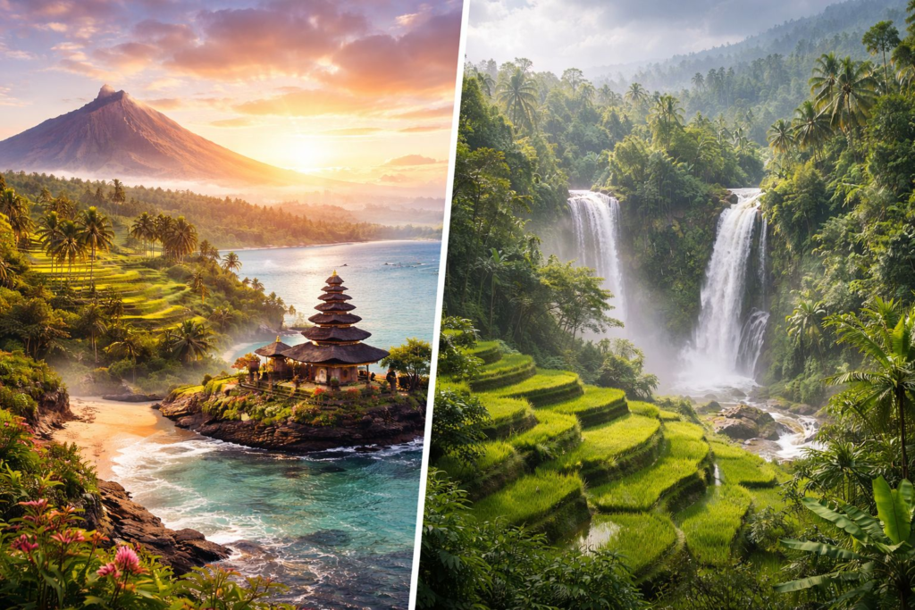 Best time to visit Indonesia showing dry season and rainy season landscape.