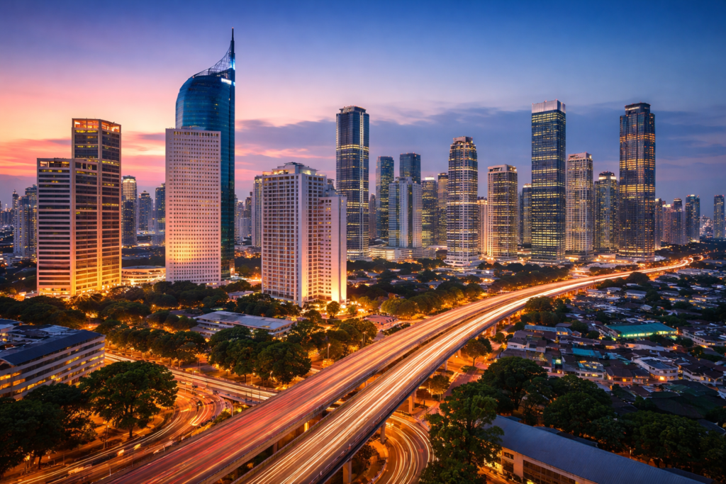 Jakarta skyline at  night  showcasing modern skyscrapers and city lights.