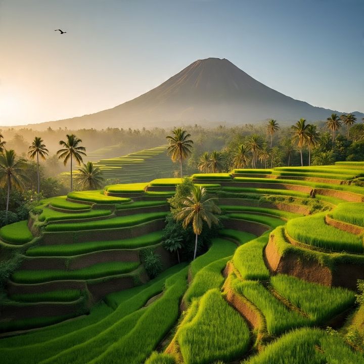 scenic view of Bali rice terraces and tropical landscape at sunrise